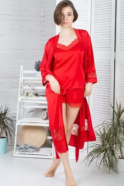 Комплект шовковий піжама с подовженим халатом К1104п Червоний